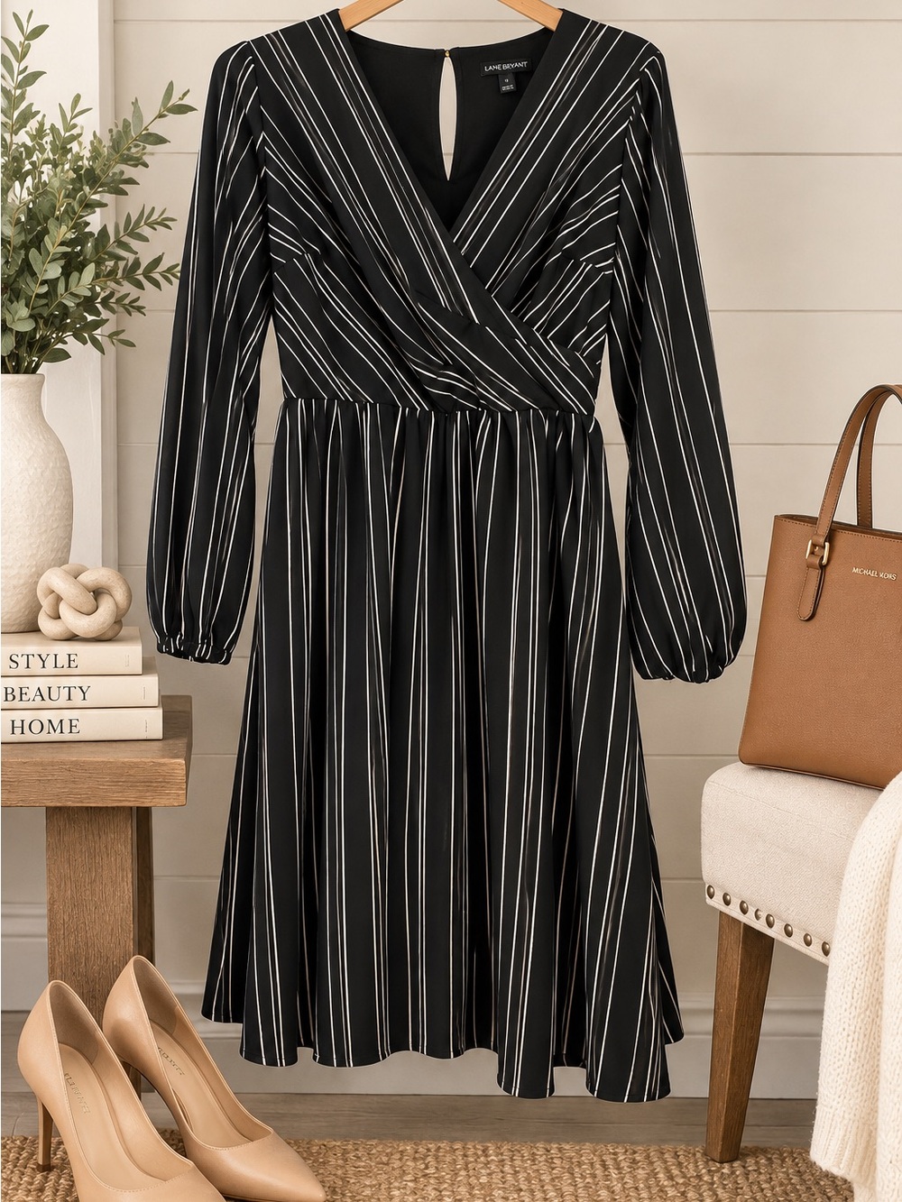 Lane Bryant Black and White Vertical Stripe Wrap Dress